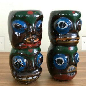 Vtg Painted Ceramic Totem Pole Salt & Pepper Shakers Red Clay Made in Japan Tiki